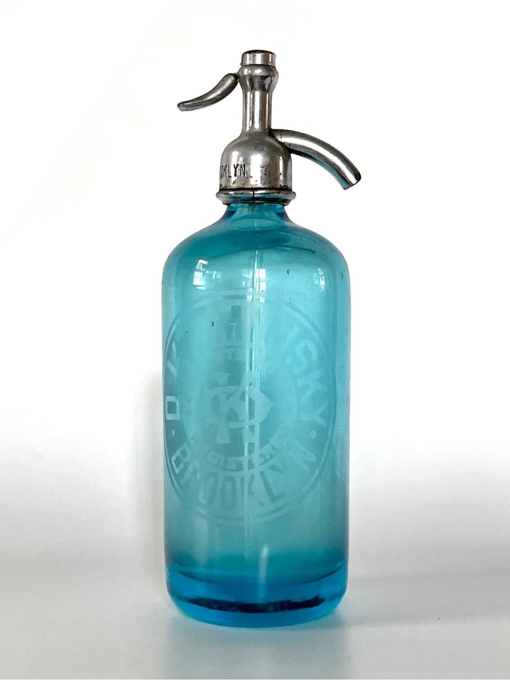 Antique KAMINSKY of Brooklyn NY Siphon Seltzer Bottle Aqua Blue CZECH made